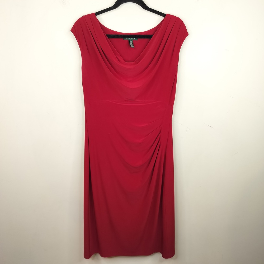 Ralph Lauren Sheath Dress 14 Draped Neck Ruched Cocktail Classic Red Stretch